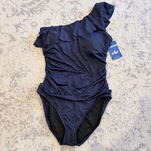 Hilor One Shoulder Ruffle Swimsuit Navy Ruched Tummy Control Women Beach Swim 10
